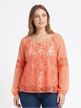 None Boho Coral Lace Blouse Sheer Embroidered Crochet Top Swim Cover-up Tunic